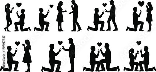 Black silhouettes of men proposing to women with hearts proposal marriage love