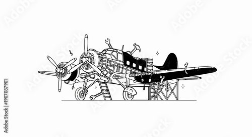 Stylized illustration of a vintage twin-engine airplane undergoing maintenance