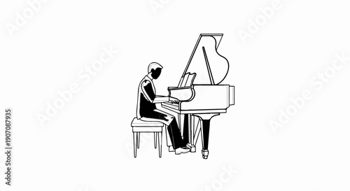Stylized line art of a person playing a grand piano with music