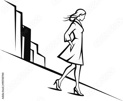 Stylized illustration of a woman walking down stairs or a slope
