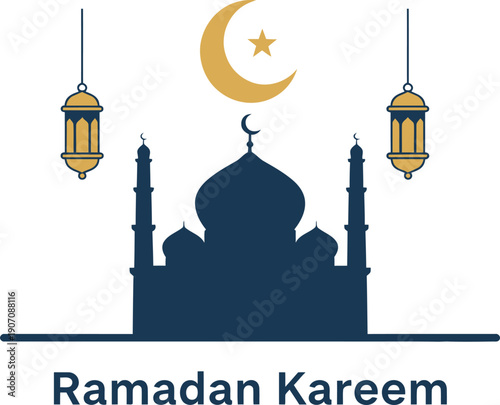 Ramadan Kareem Flat Vector Poster with Mosque Silhouette, Lanterns and Crescent Moon