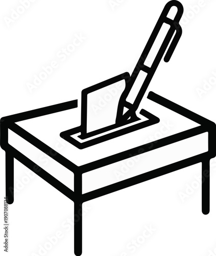 Stylized line drawing of a ballot box with a pen inserting a paper