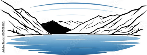 Stylized graphic of majestic mountains rising above a tranquil blue lake