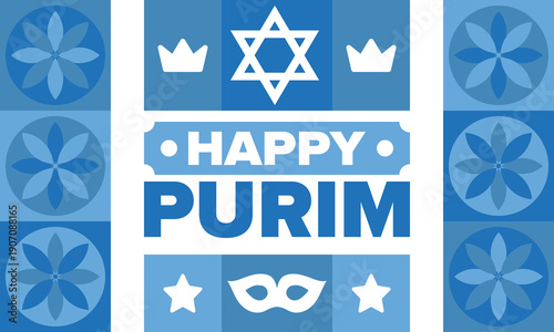 Purim. Happy Purim. Traditional Jewish religious holiday. Star of David, Carnival mask. Israel history. Сelebrated by a masquerade and festival. Poster art. Vector illustration