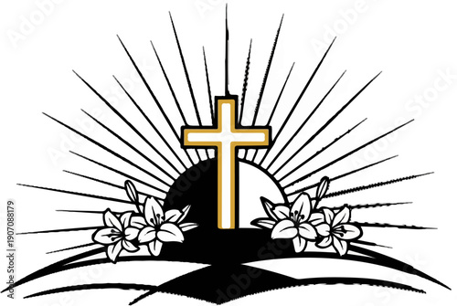 Stylized cross with radiating lines, lilies, and a sunburst behind