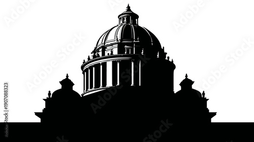 Silhouetted illustration of a domed building with columns, and a bright white background