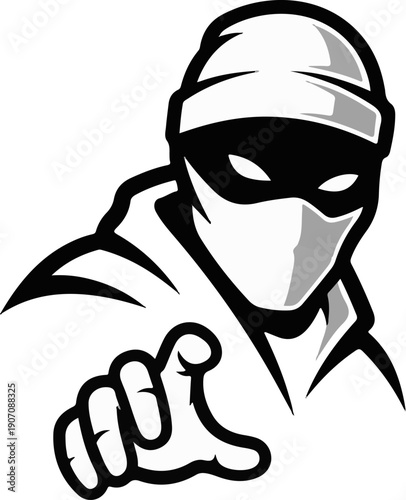 Stylized figure in dark attire, face obscured, points forward