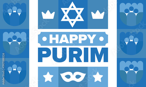 Purim. Happy Purim. Traditional Jewish religious holiday. Star of David, Carnival mask. Israel history. Сelebrated by a masquerade and festival. Poster art. Vector illustration