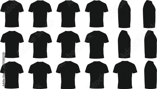 Collection of black t-shirt silhouettes featuring front back and side views for apparel design mockup templates clothing manufacturing fashion retail and custom garment branding