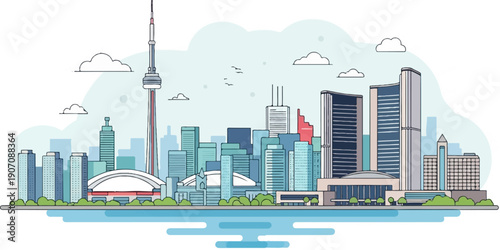 Stylized city skyline with a prominent tower and waterfront