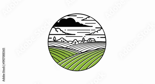 Stylized farm landscape with rolling green fields under a cloudy sky