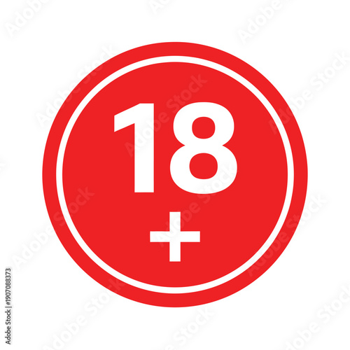 Red 18 plus age restriction sign. Adult content warning or age verification symbol for legal compliance.