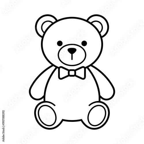 Minimalist black outline of a teddy bear with a bow tie. Clean linear icon representing plush toys and childhood comfort.