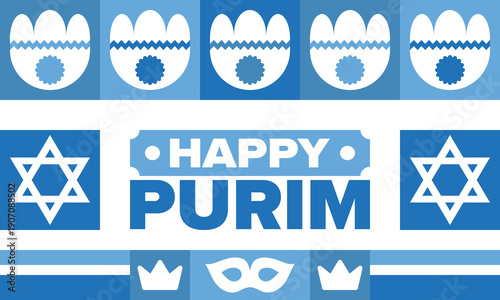 Purim. Happy Purim. Traditional Jewish religious holiday. Star of David, Carnival mask. Israel history. Сelebrated by a masquerade and festival. Poster art. Vector illustration