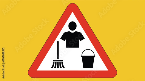 Cleaning work in progress warning sign with worker broom and bucket icon on yellow background for safety and maintenance awareness