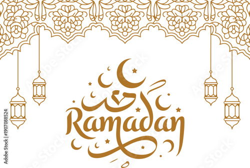 ramadan Kareem, Eid Mubarak Greeting Line icon minimal and simple vector design with beautiful Glowing Lantern and elegant crescent moon star for background and Banner