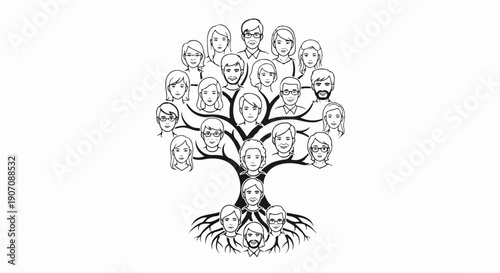 Stylized family tree illustration with hand-drawn portraits of diverse individuals