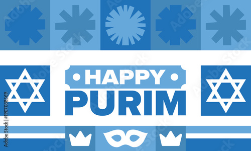 Purim. Happy Purim. Traditional Jewish religious holiday. Star of David, Carnival mask. Israel history. Сelebrated by a masquerade and festival. Poster art. Vector illustration