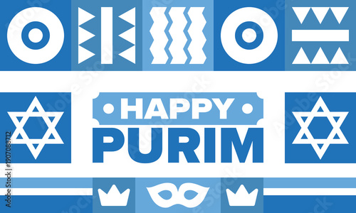 Purim. Happy Purim. Traditional Jewish religious holiday. Star of David, Carnival mask. Israel history. Сelebrated by a masquerade and festival. Poster art. Vector illustration