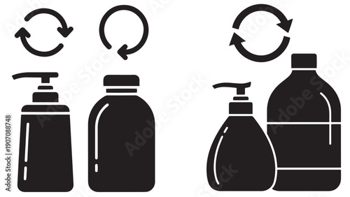 Refillable Station With Soap Pump, Refill Bottle And Circular Refill Arrows, Black Solid Vector Icon For Refill Programs, Bulk Dispensing And Waste Reduction Initiatives
