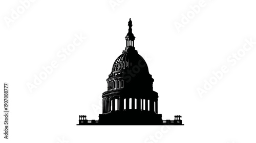 A silhouette of a grand building with a large dome, intricate details, and columns