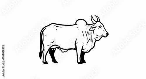 Stylized black and white drawing of a humped bull standing sideways