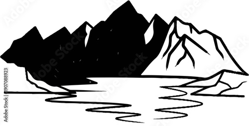 Stylized black and white drawing of mountains reflected in water