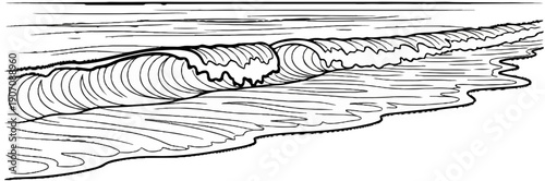 Stylized black and white drawing of a crashing ocean wave and shoreline