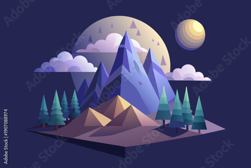 Stylized geometric mountains rise beneath a large moon and scattered clouds creating an isometric nocturnal landscape illustration perfect for fantasy themes.