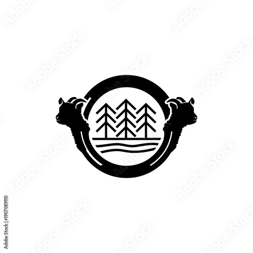 Ram Heads and Pine Trees Nature Emblem