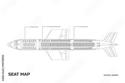 Passenger aircraft outline blueprint. Linear aircraft seat map. Interior of a modern jet aircraft. Top view drawing. Lopa concept