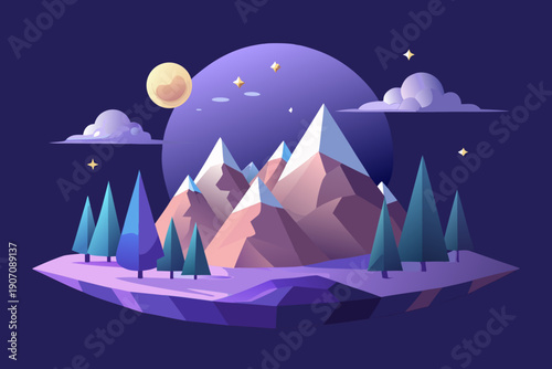 Stylized polygonal mountain range rests upon a small floating landmass under a dark evening sky illuminated by a bright yellow moon and small stars.