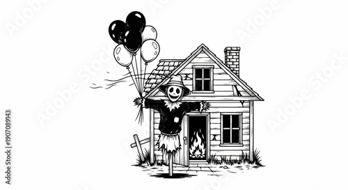 Spooky scarecrow with balloons and a burning house