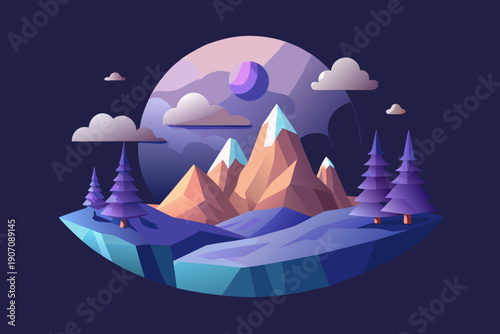 Low poly floating island scene features snowy mountain peaks, purple stylized pine trees, and a large celestial body against a dark night sky backdrop.
