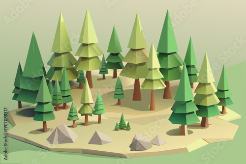 A cluster of numerous stylized low polygon evergreen trees occupies a small, isolated terrain block, creating a miniature diorama of a wilderness area.
