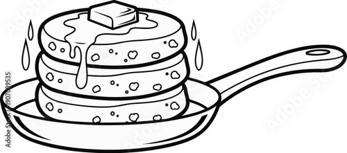 Stacked pancakes with butter and syrup in a frying pan