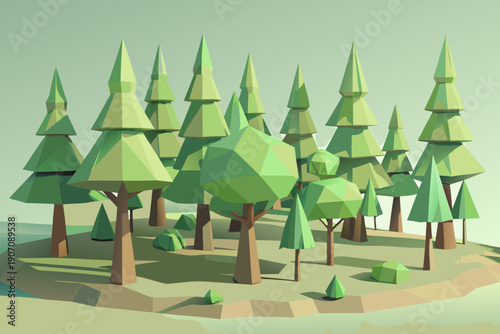 Low poly forest landscape with green trees and rocks on hill