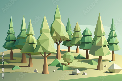 Low poly forest landscape with green trees and hills