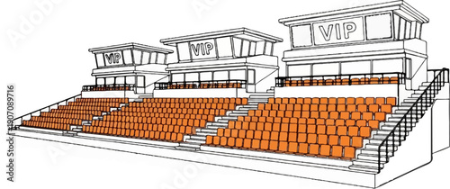 Stadium seating with VIP boxes and orange chairs on multiple tiers