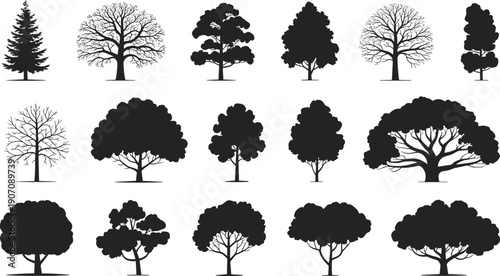 Diverse collection of black tree silhouettes featuring deciduous and evergreen species with detailed branches and leafy canopies for landscape architecture outdoor environment and nature design