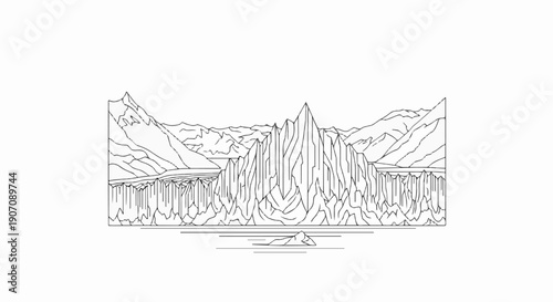 Stark line art depicts a vast icy landscape with jagged peaks and frozen water