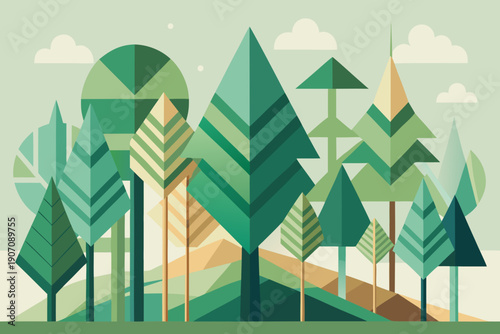 Vibrant geometric forest landscape with stylized trees and rolling hills
