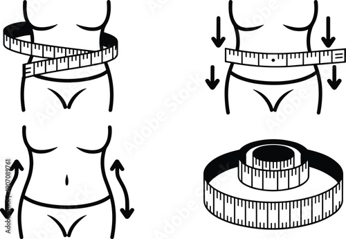 Black and white fitness illustration featuring waist measurement, slimming arrows, tape reduction, and coiled measuring tape for health, tailoring, weight loss, and exercise graphics