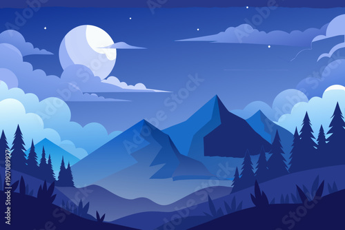 Serene mountain landscape under a moonlit night sky with clouds