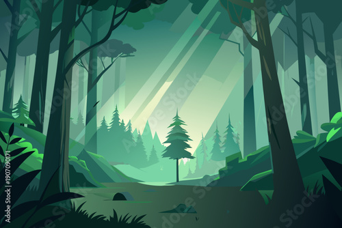 Serene forest landscape with sunbeams shining through trees