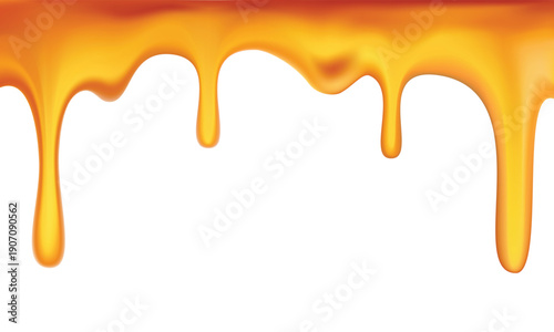 Golden honey dripping from edge on white background liquid sweet