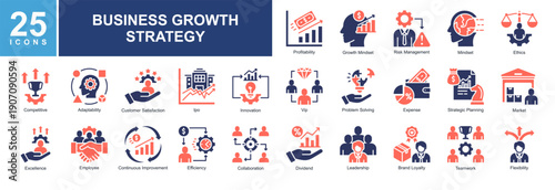 Business growth icon pack featuring innovation,profitability,efficiency,teamwork,adaptability,strategy,risk management,branding,collaboration,performance,and market success for modern business project