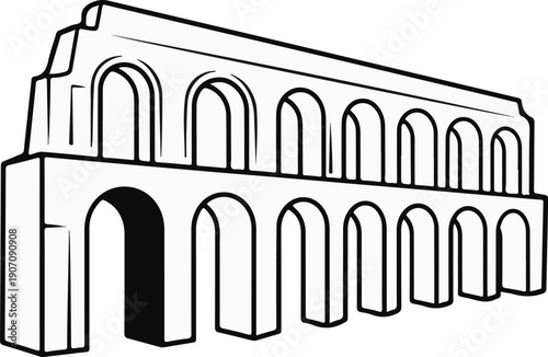 Stylized drawing of a Roman aqueduct with arches