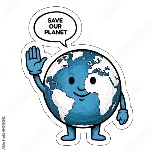 A cheerful cartoon Earth character with a speech bubble saying 'Save Our Planet' and waving its hand in a friendly gesture against a clean white background with a hopeful and eco-friendly