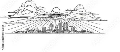 Stylized drawing of a cityscape with radiating sun rays and clouds above